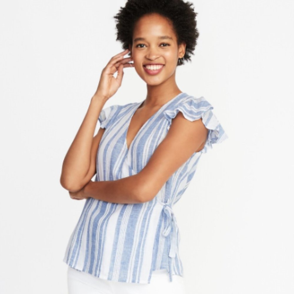 OLD NAVY Blue and White Linen Wrap Top